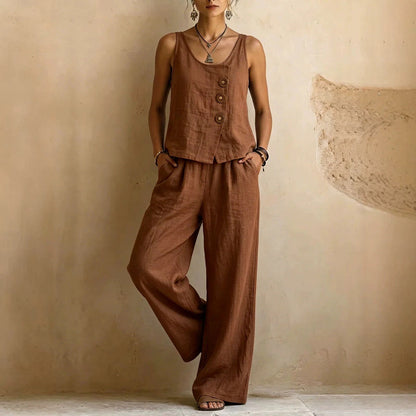 Women's Cotton Linen Sleeveless Tank Top & Pants Two-Piece Set FitiqueFit