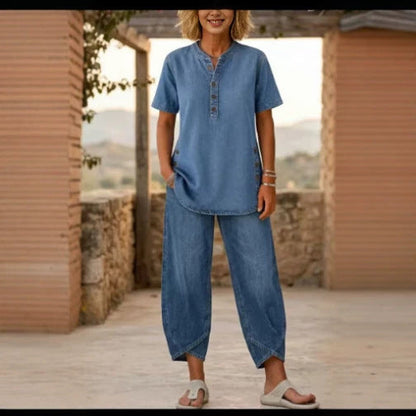 Women's Lapel Button-Up Top & Pants Two-Piece Set – Three-Quarter Sleeve FitiqueFit