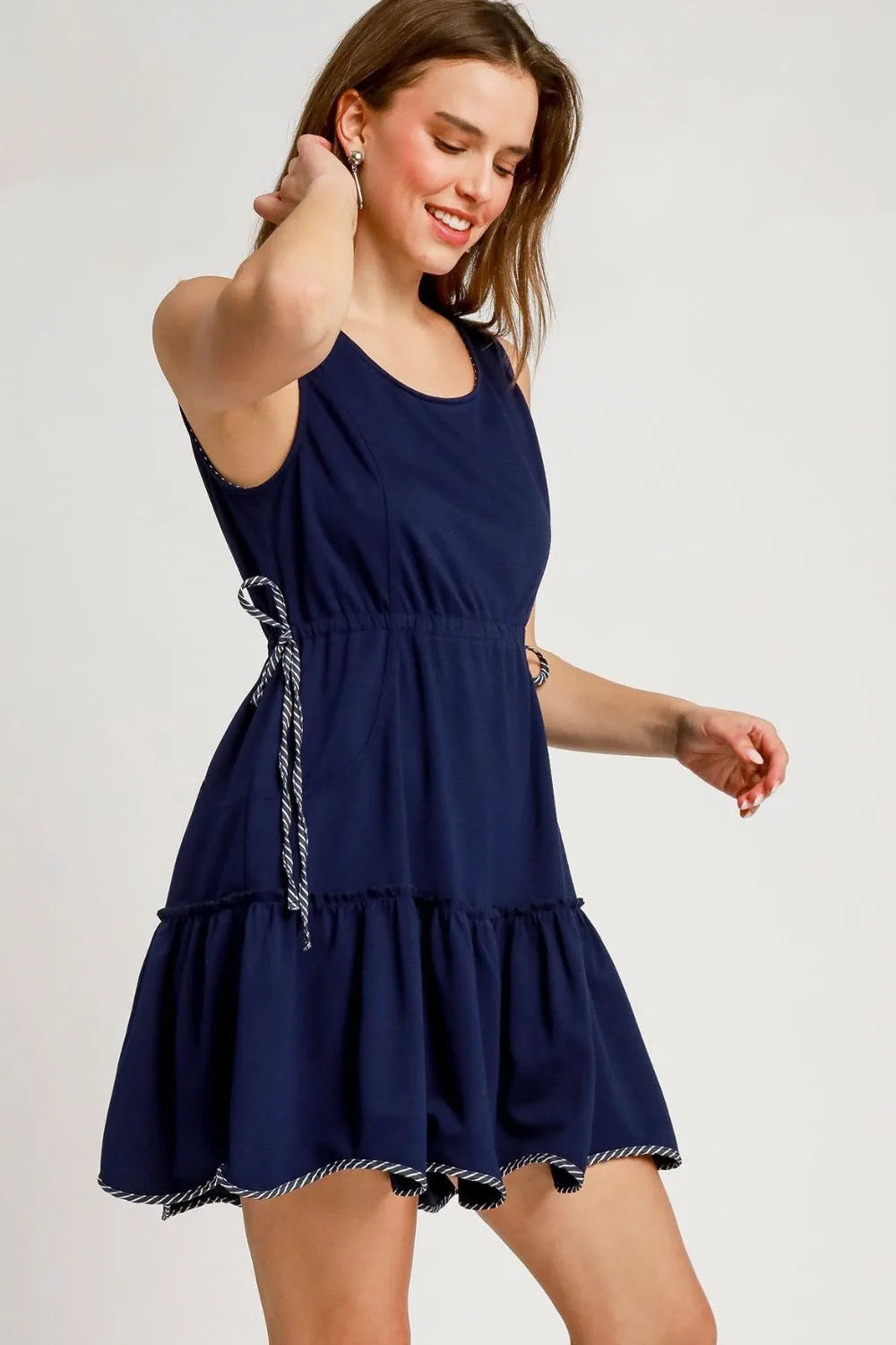 Umgee Frill Drawstring Waist Round Neck Mini Tank Dress West2East Surf