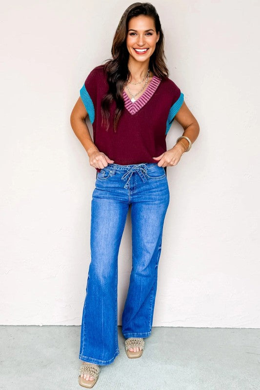 Colorblock V-Neck Cuffed Short Sleeve Sweater Shop Style & More | Fresh Looks, Everyday Deals & Free Shipping