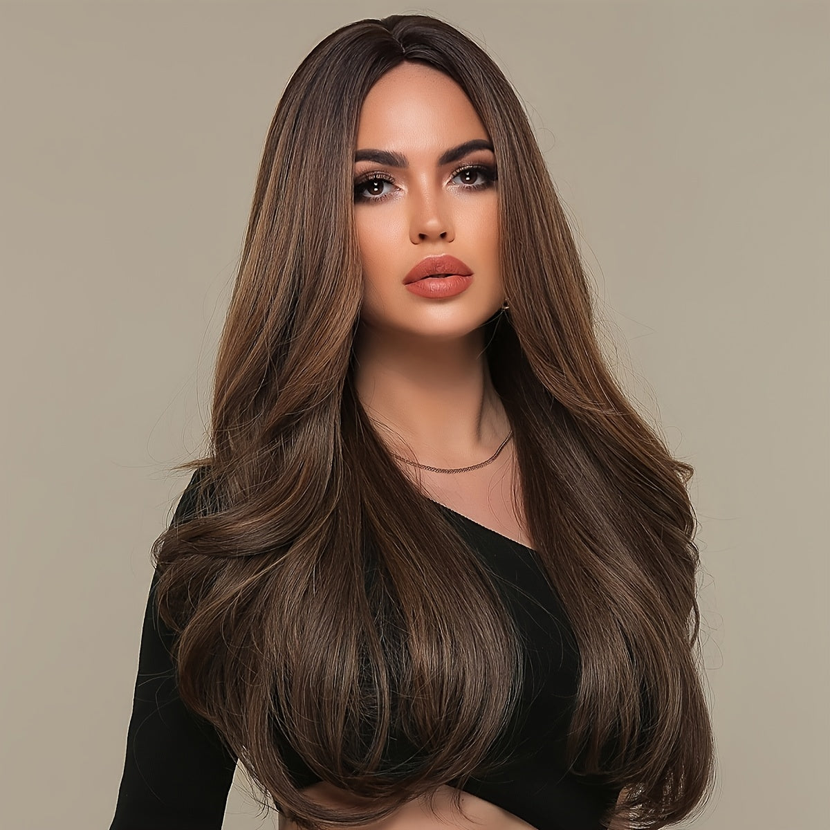 Long Wavy Brown Wig - Natural Style Synthetic Wig with Bangs and Curly Hair for Women NovaCart