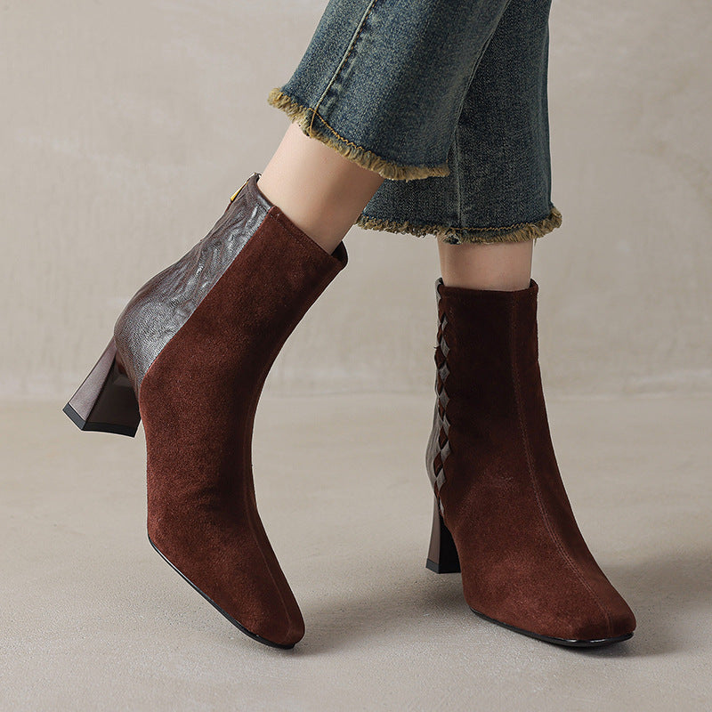 Women's Sheepskin Square Toe Chunky Heel Ankle Boots – Korean Patchwork Style FitiqueFit