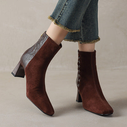 Women's Sheepskin Square Toe Chunky Heel Ankle Boots – Korean Patchwork Style FitiqueFit
