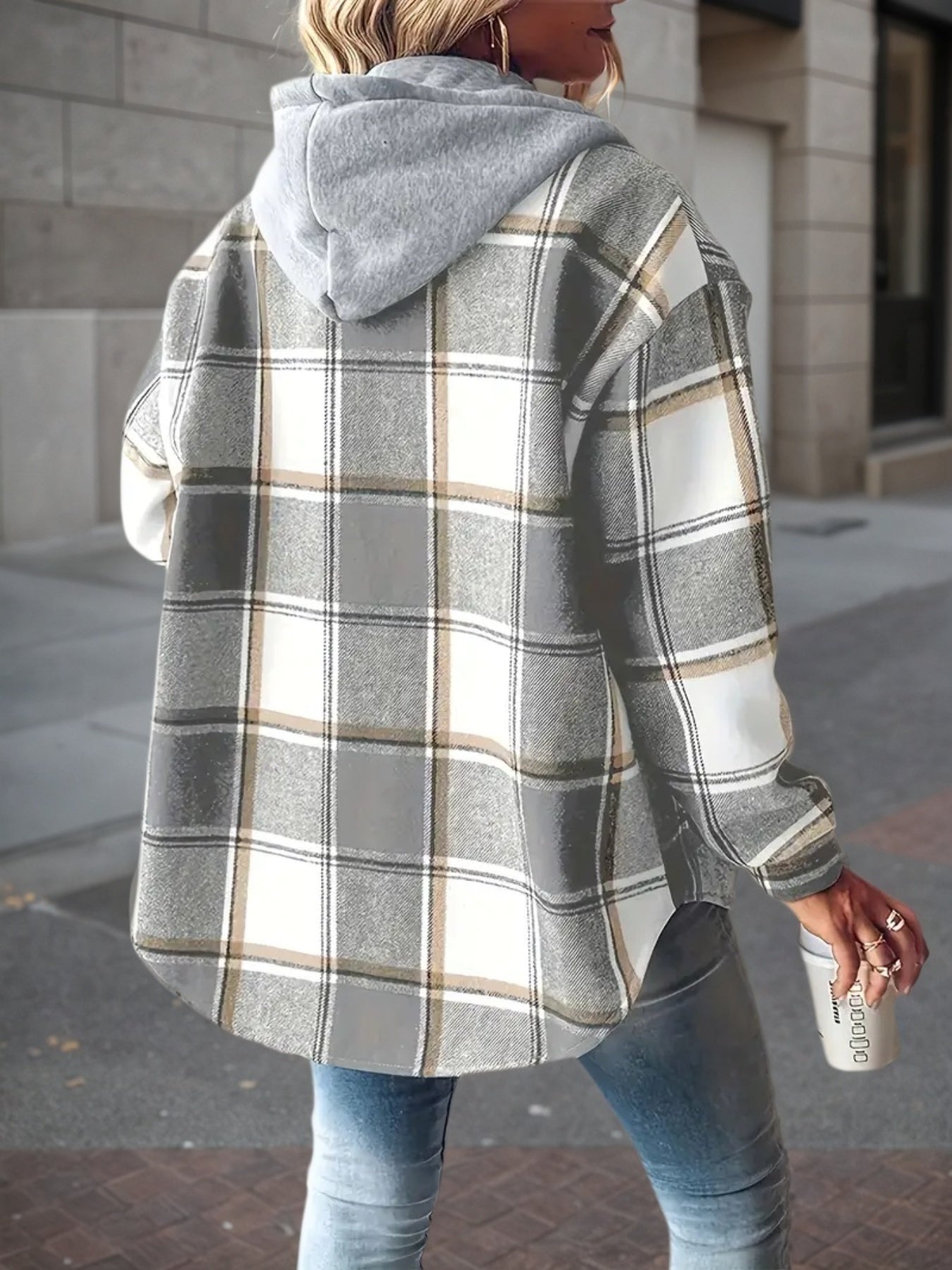 Women’s Plaid Hooded Jacket – Wool-Lined Long Sleeve FitiqueFit