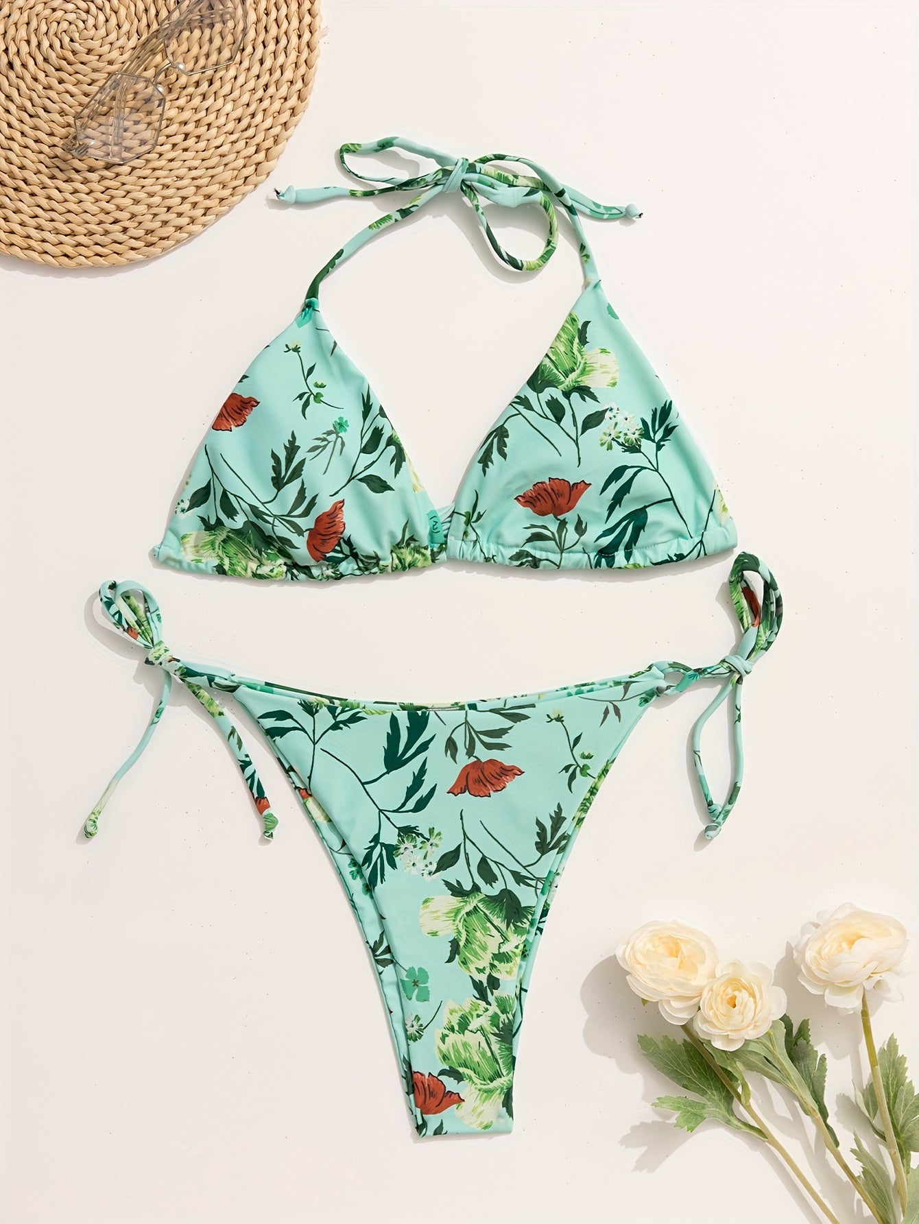 Bikini European Style Floral Print 3 Piece Swimsuit Set for Women – Sexy V Neck Bikini with Cross Strap Detail and Matching Long Sleeve Cover-Up – High Stretch Trendy Swimwear for Summer Beach Vacations Resort Looks and Poolside Fashion Stevvex