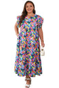Blue Geometric Print Ruffled Short Sleeve Plus Size Tiered Maxi Dress Garden Naked Curves