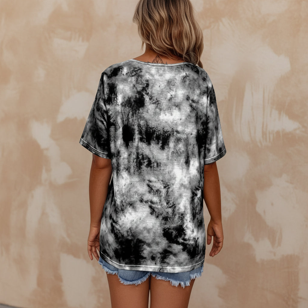 Women's Tie-Dye Print Drawstring T-Shirt – Loose Fit, Short Sleeve, Casual FitiqueFit