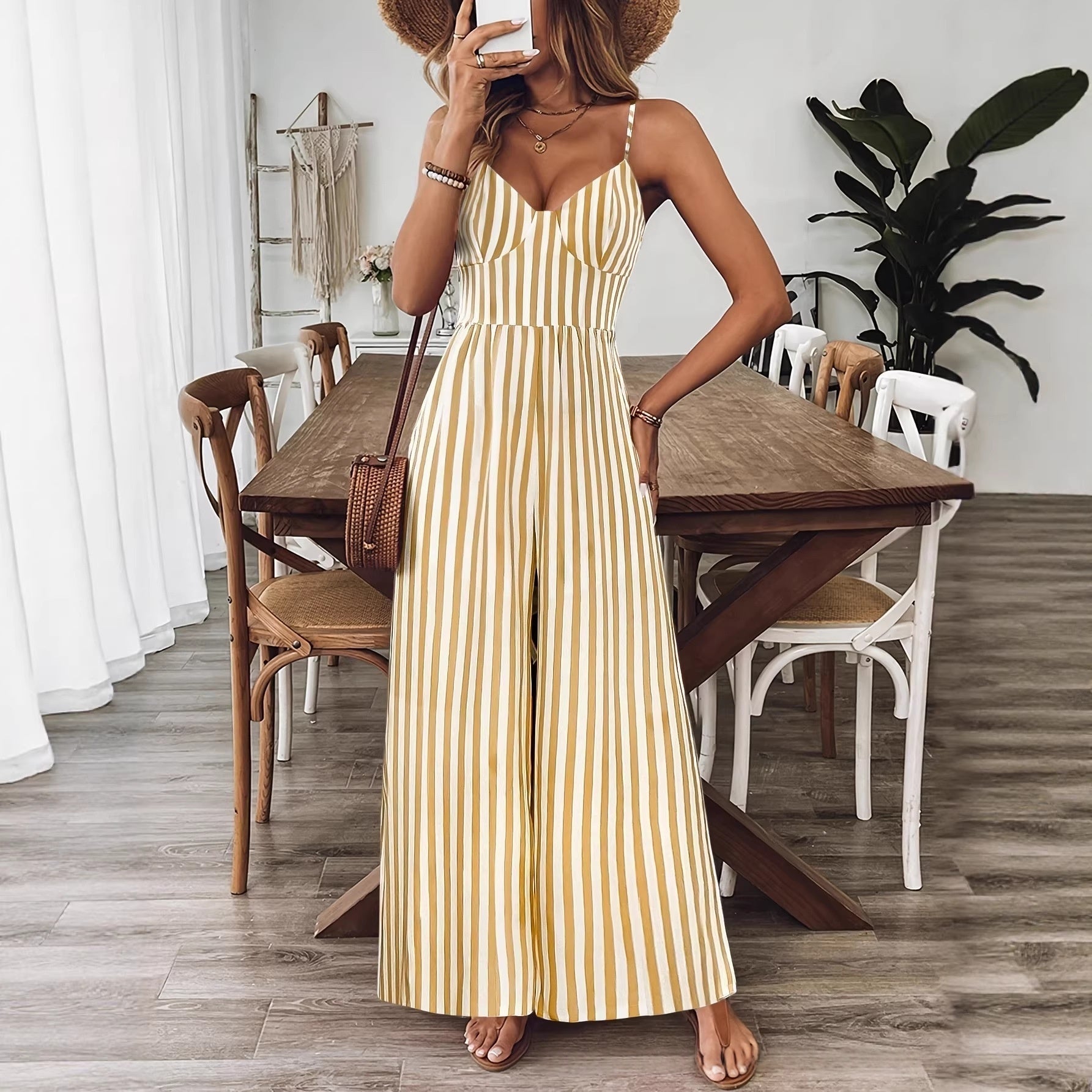 Printed Backless Sleeveless Strap Jumpsuit | Ginger Yellow FitiqueFit