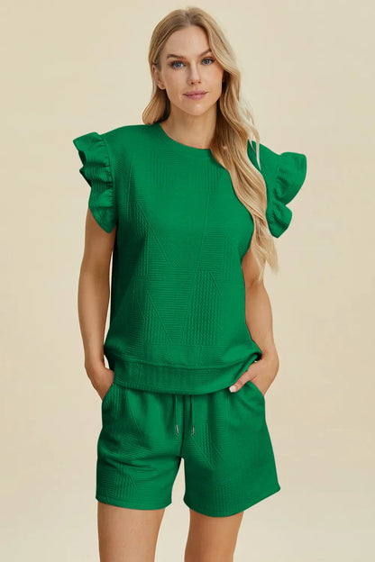 Double Take Full Size Texture Round Neck Ruffle Sleeve Top and Shorts Set West2East Surf