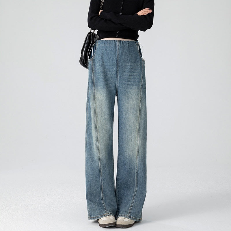Retro Loose Straight-Leg High-Waist Floor-Length Wide-Leg Maternity Jeans FitiqueFit