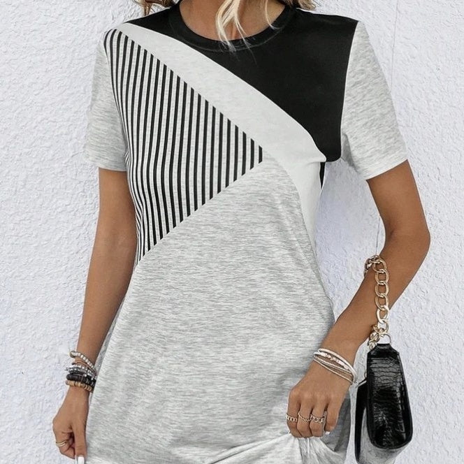 Ladies' Color Block Splicing Geometric Pattern Striped Casual Dress Grayceful LLC