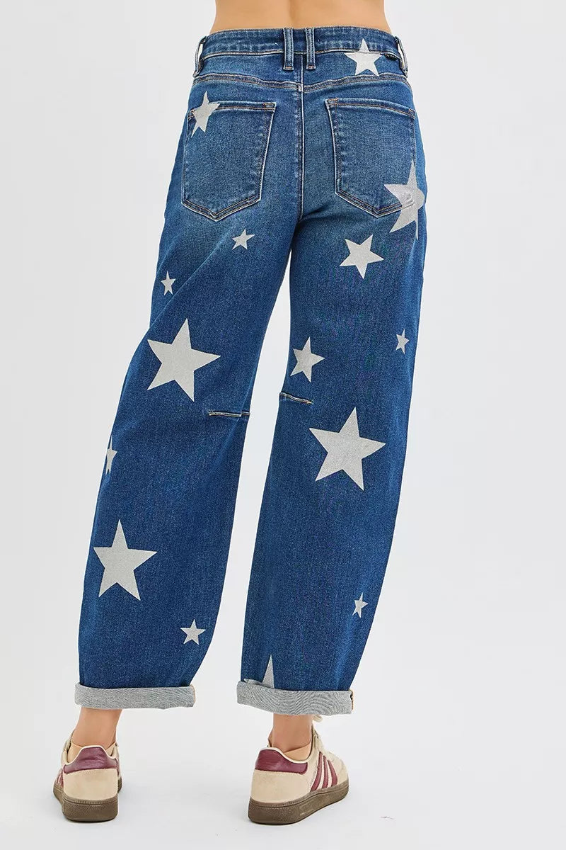 RISEN Mid Rise Ankle Length Relaxed Barrel Star Printed Jeans West2East Surf