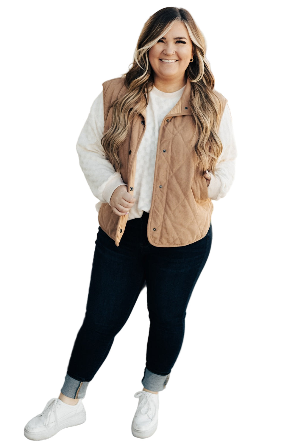 Camel Plus Size Quilted Cord Snap Button Vest Jacket Garden Naked Curves