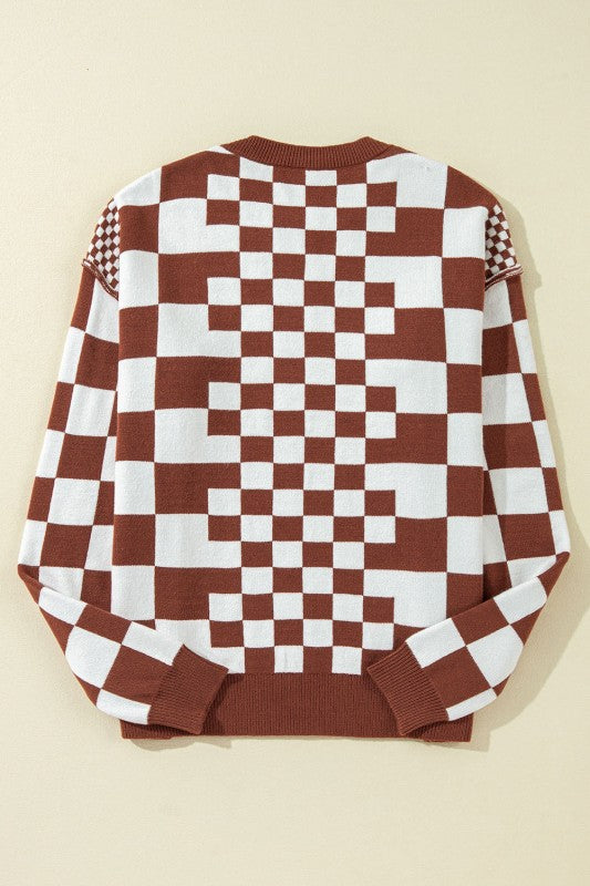 Checker Round Neck Drop Shoulder Sweater Shop Style & More | Fresh Looks, Everyday Deals & Free Shipping
