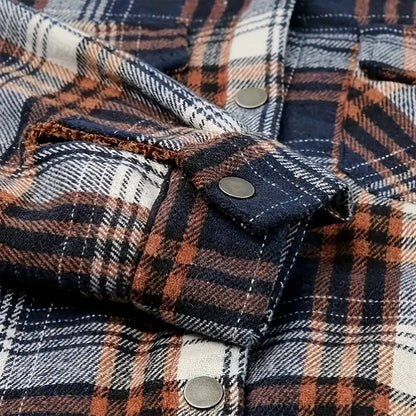 Women's Plaid Button-Up Long Sleeve Jacket Fall Winter  Flap Button Pocket Design Casual Hooded Fleece-Lined Warm Coat See size chart under “more details” The Fashion Celestial