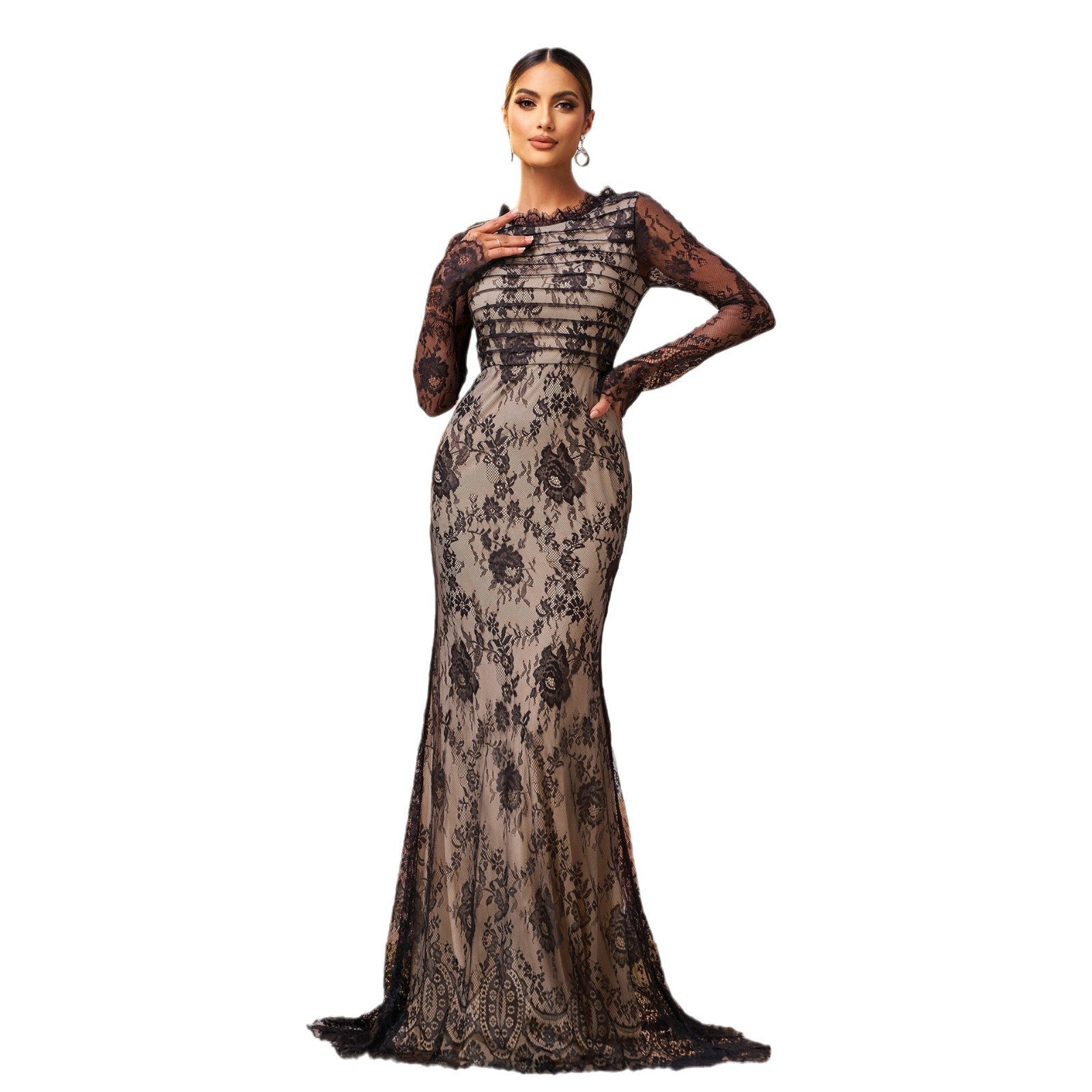 Long Sleeve Round Collar Gauze Sheath Fishtail Evening Dress Grayceful LLC