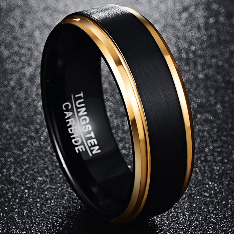8mm Width Vacuum Plating Golden Edge Black Matte Surface Men's Tungsten Ring USA Size 7-15 NovaCart