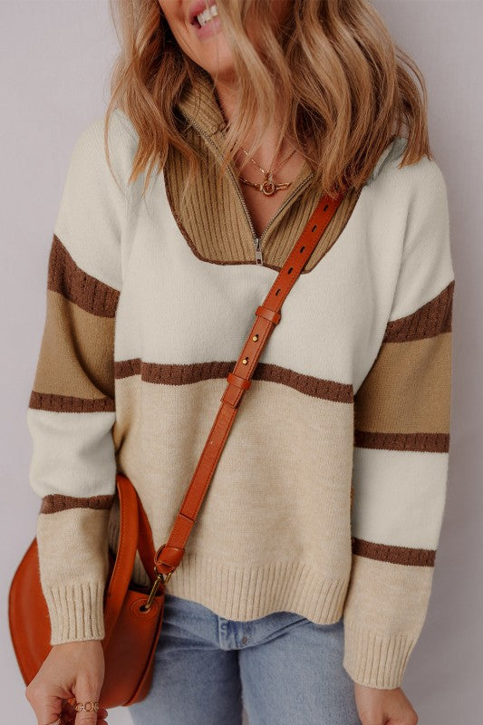 Colorblock Stripe Quarter Zip Collared Sweater Shop Style & More | Fresh Looks, Everyday Deals & Free Shipping