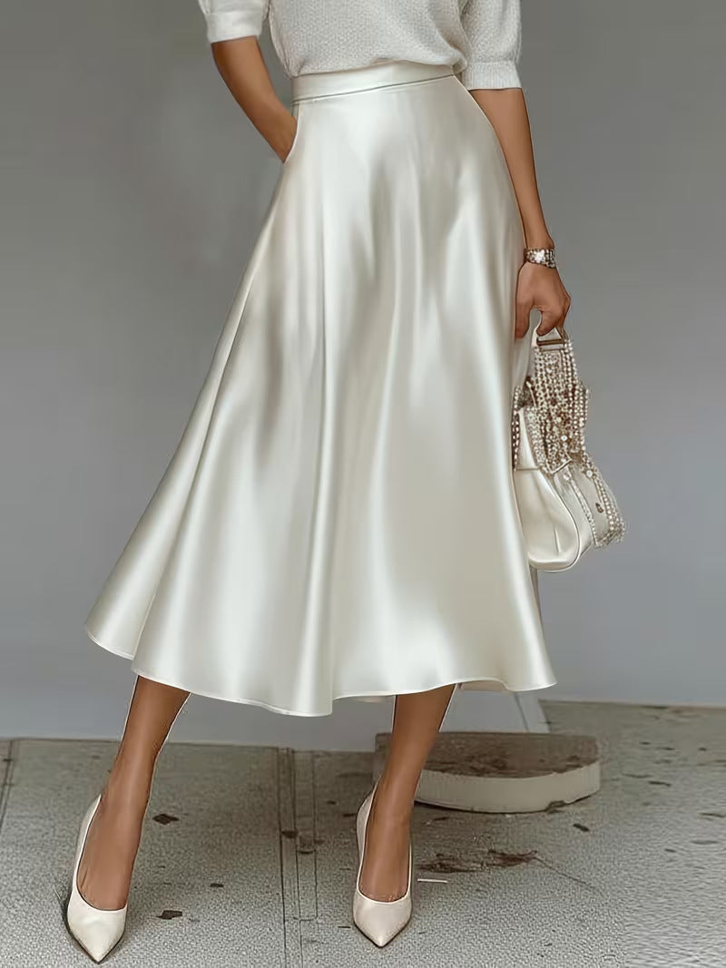Women's Satin Solid Color Mid-Length Skirt – Slight Stretch FitiqueFit