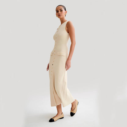 Elegant Knitted Sleeveless Dress With Single Breast Fashion Slim Round Neck Long Dresses Womens Clothing Grayceful LLC