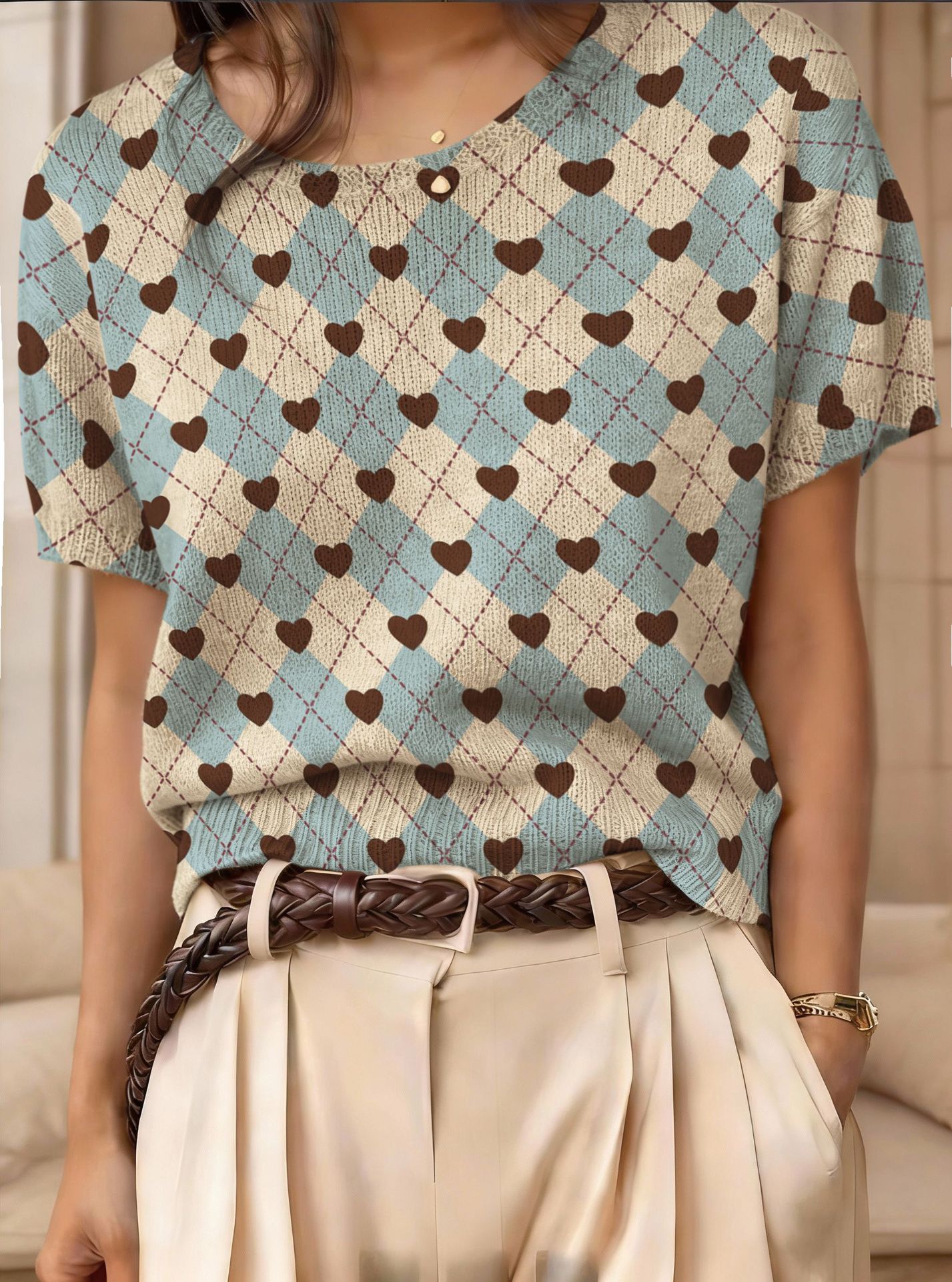 Women's Retro Short-Sleeve Jacquard Knit Top FitiqueFit