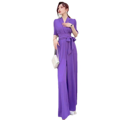 Elegant Temperament Pure Color High Waist Slimming Lace-up Wide Leg Jumpsuit Grayceful LLC