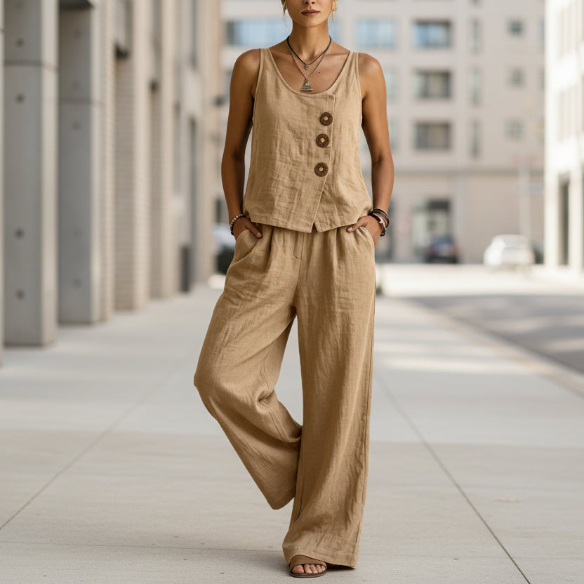 Women's Cotton Linen Sleeveless Tank Top & Pants Two-Piece Set FitiqueFit