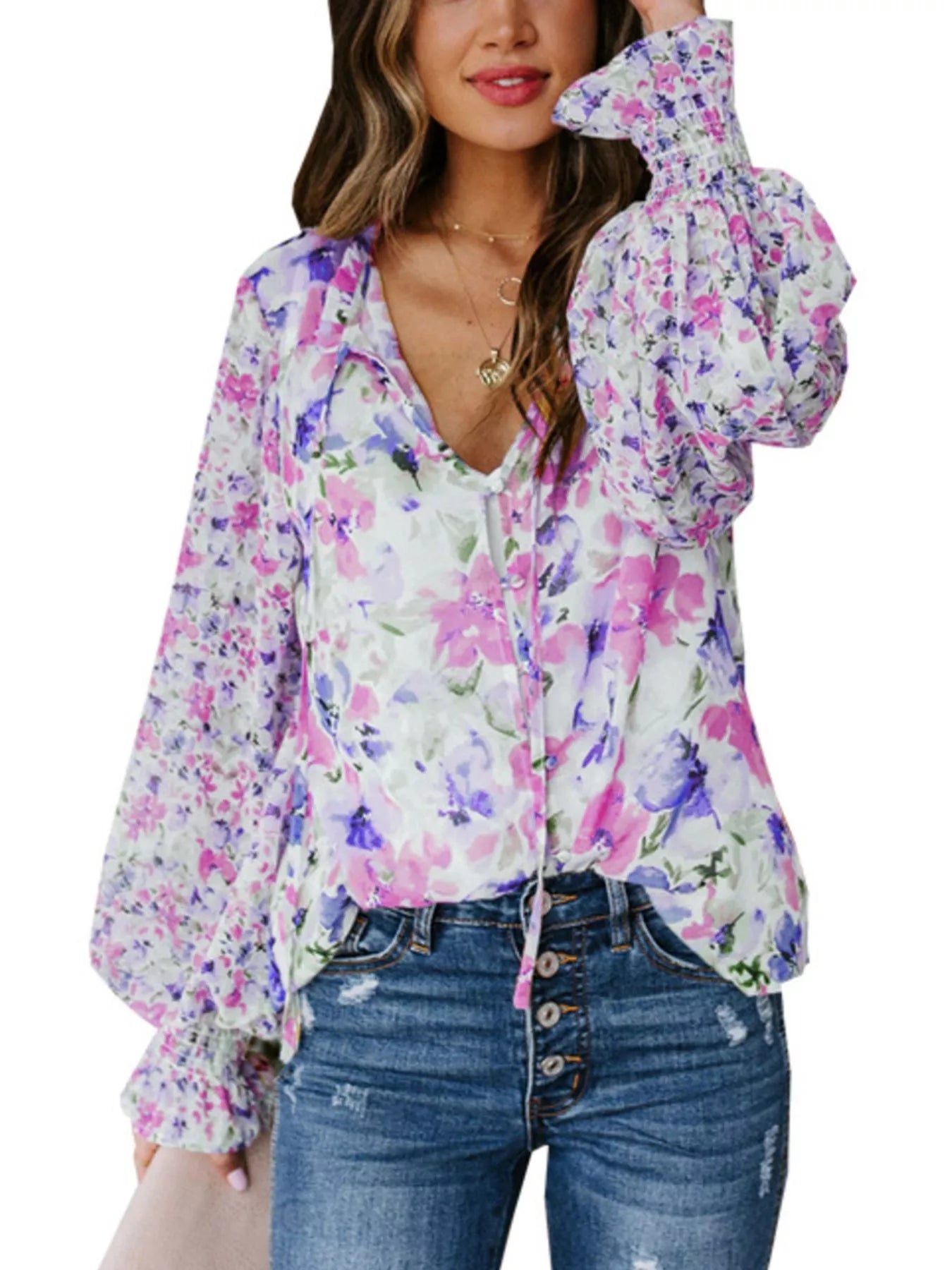 Full Size Floral Print Smocked Cuff Blouse Plus Size New Era Fashion LLc
