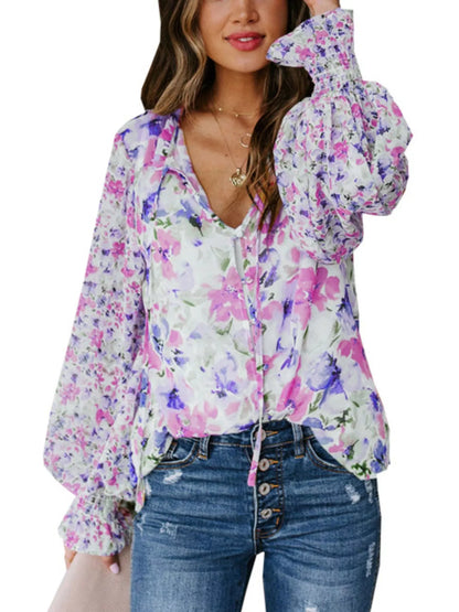 Full Size Floral Print Smocked Cuff Blouse Plus Size New Era Fashion LLc