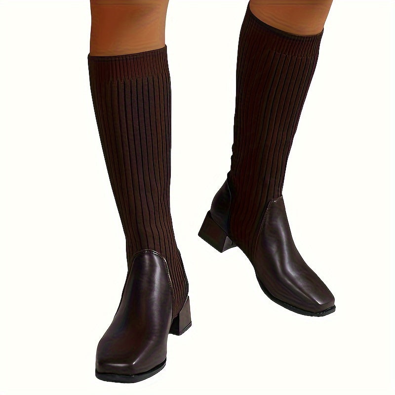 Women'S Winter Knee-High Chelsea Boots - Chunky Knit-like Texture, Mid-Heel Block Heel, Pull-On Closure, Square Toe, Brown, Casual & Stylish for Casual Attire, Winter Boots, Cold Weather Footwear NovaCart