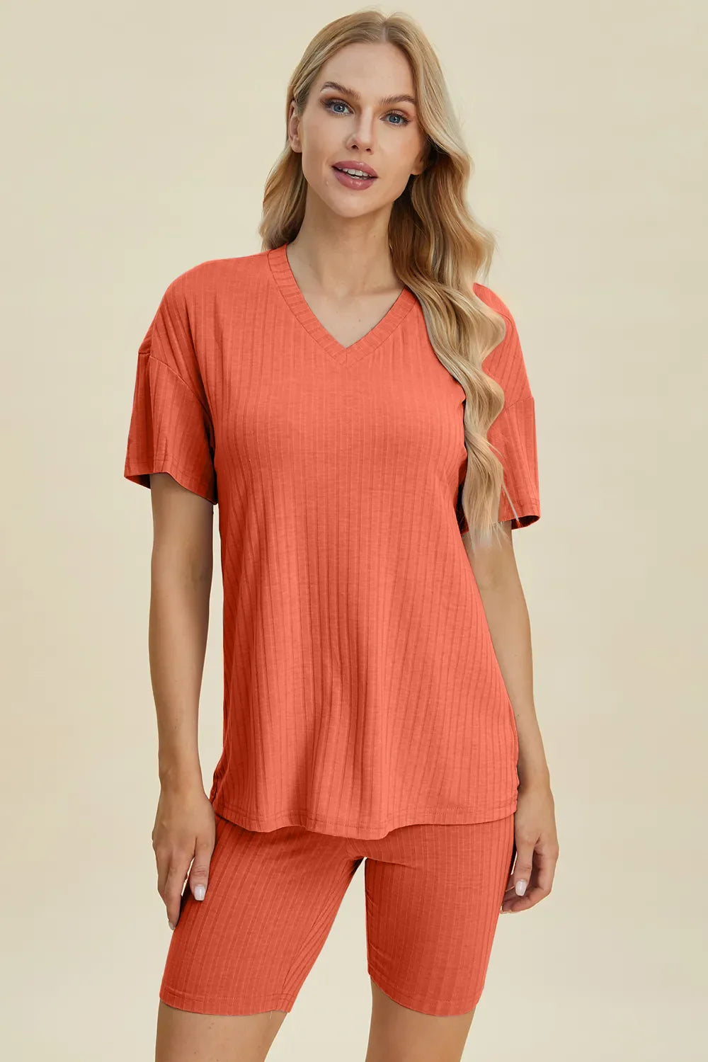 Basic Bae Full Size Ribbed V-Neck Short Sleeve Top and Shorts Set New Era Fashion LLc