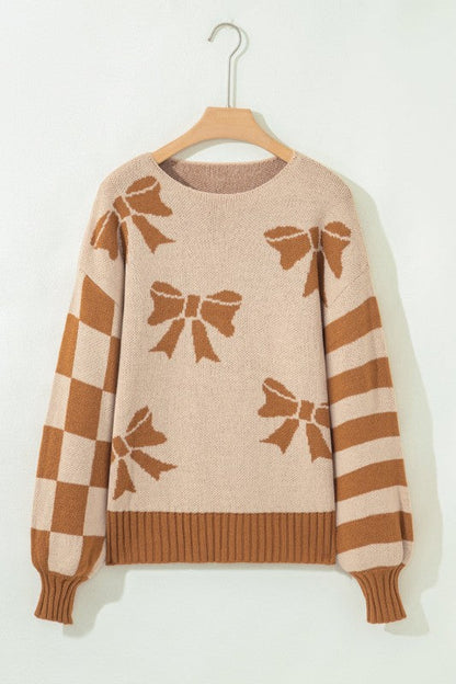 Bow Checker Stripe Patchwork Sleeve Sweater Shop Style & More | Fresh Looks, Everyday Deals & Free Shipping
