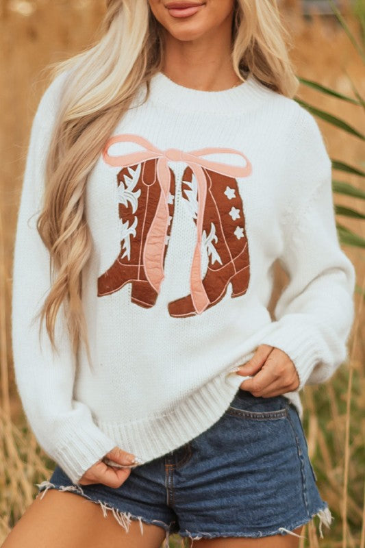 Western Bow Boots Embroidered Drop Shoulder Sweate Shop Style & More | Fresh Looks, Everyday Deals & Free Shipping