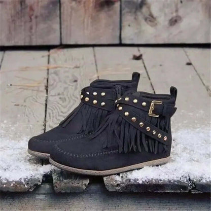 Trendy Women's Winter Ankle Boots with Rivet Tassel Detail SnagBag