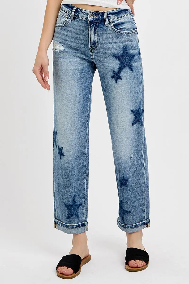RISEN Full Size Mid Rise Boyfriend Star Shadow Detail Cuffed Jeans Plus Size West2East Surf