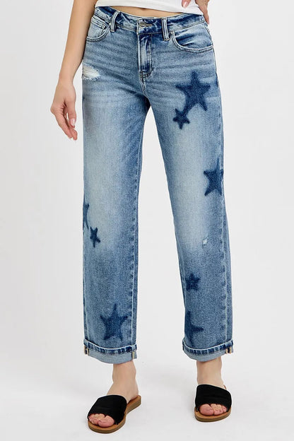 RISEN Full Size Mid Rise Boyfriend Star Shadow Detail Cuffed Jeans Plus Size West2East Surf