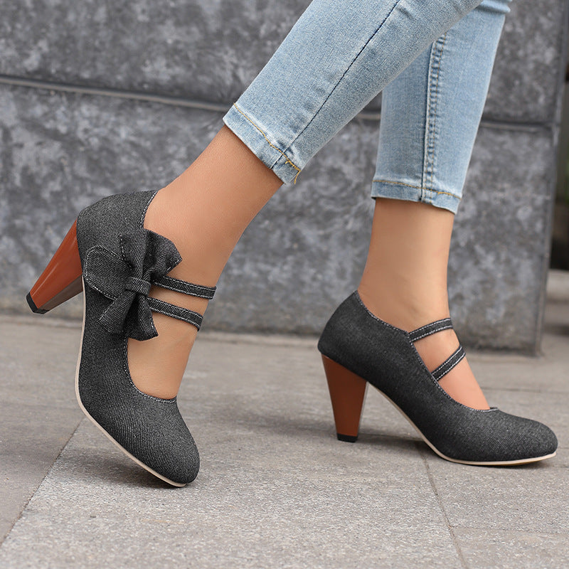 Round Toe High Heels Denim Bow See size chart under “more details” The Fashion Celestial