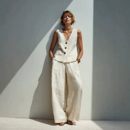 Linen Blend V-Neck Buttoned Vest & High-Waist Wide-Leg Pants Set – 5 Colors S–3XL FitiqueFit