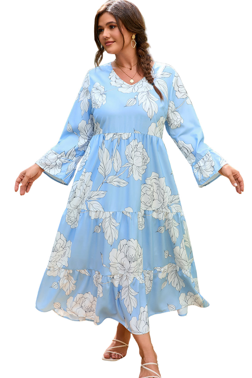 Sky Blue Floral Bracelet Sleeve V Neck Plus Size Tiered Maxi Dress Garden Naked Curves