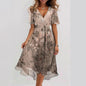 Chiffon Print V-Neck Dress – Elegant Two-Piece Set Midi Dress FitiqueFit