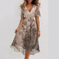 Chiffon Printed Short Sleeve Dress Summer Elegant V-neck Dresses Womens Clothing Grayceful LLC