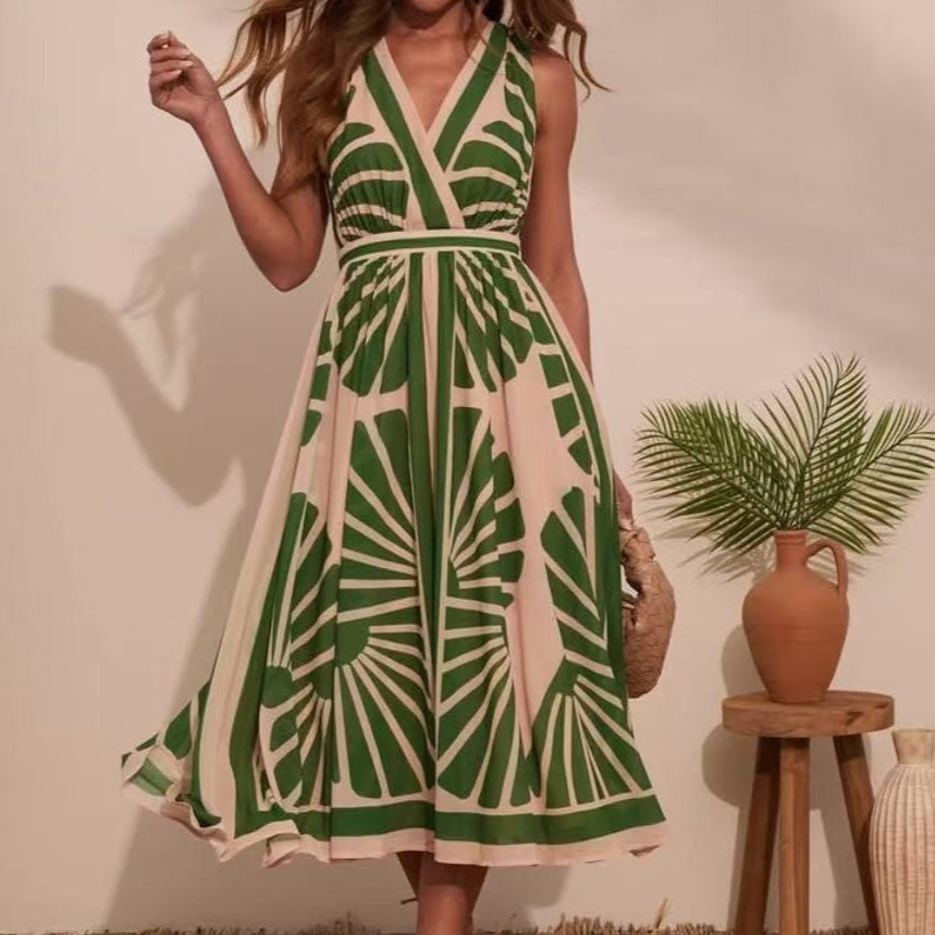 European And American V-neck Positioning Printing Backless Dress Grayceful LLC