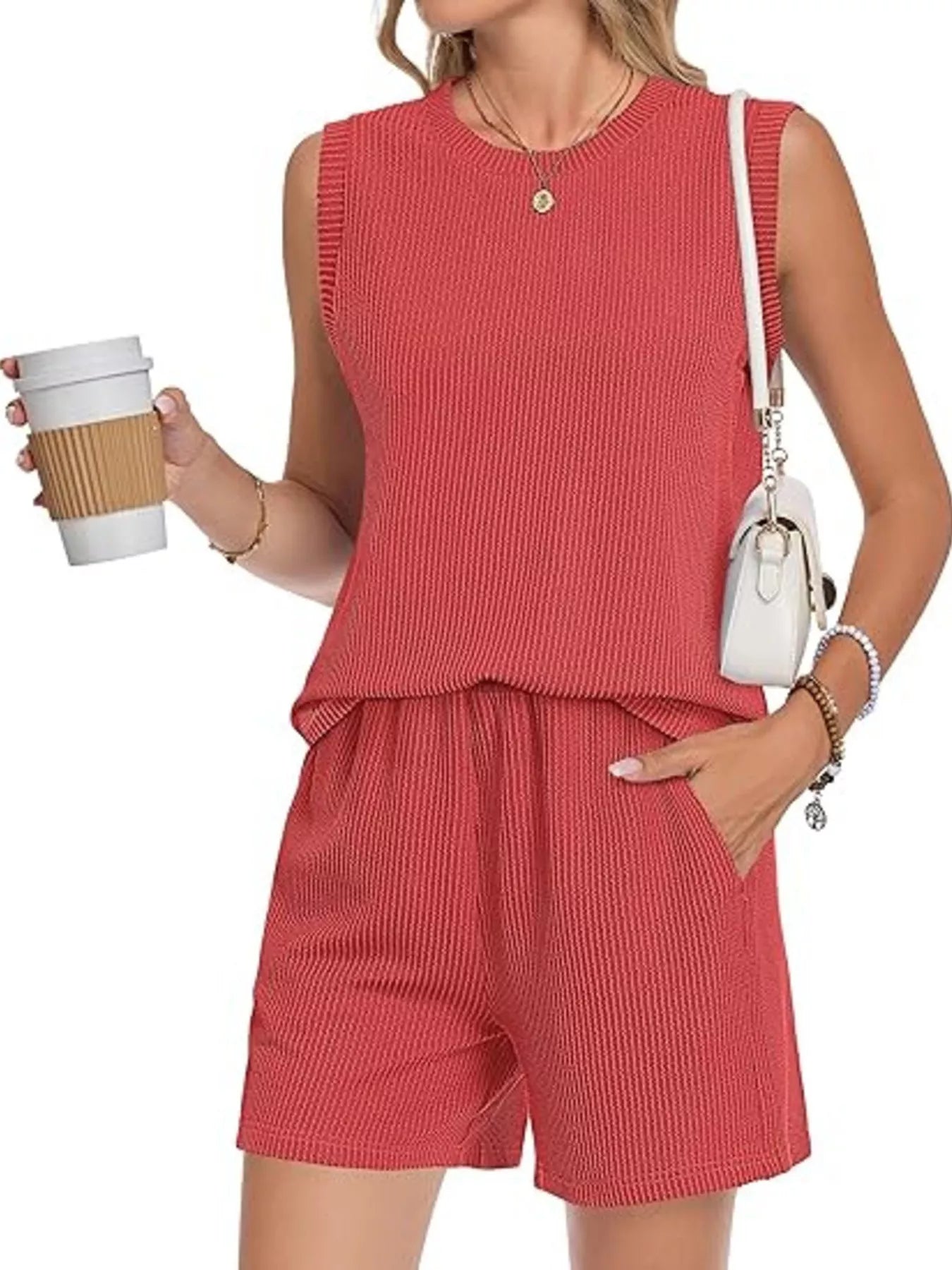 Casual Ribbed Knit Sleeveless Top and Shorts Set New Era Fashion LLc
