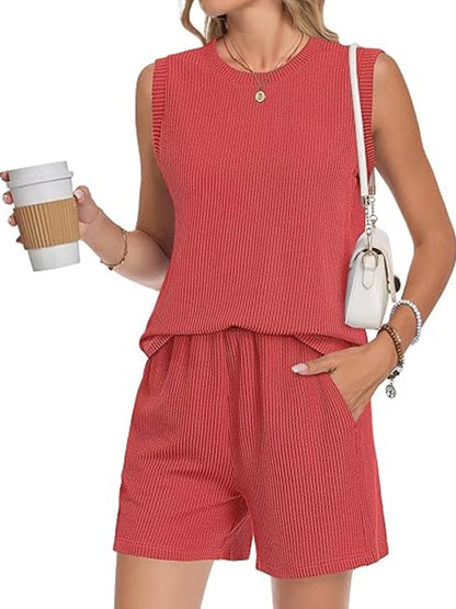 Casual Ribbed Knit Sleeveless Top and Shorts Set New Era Fashion LLc
