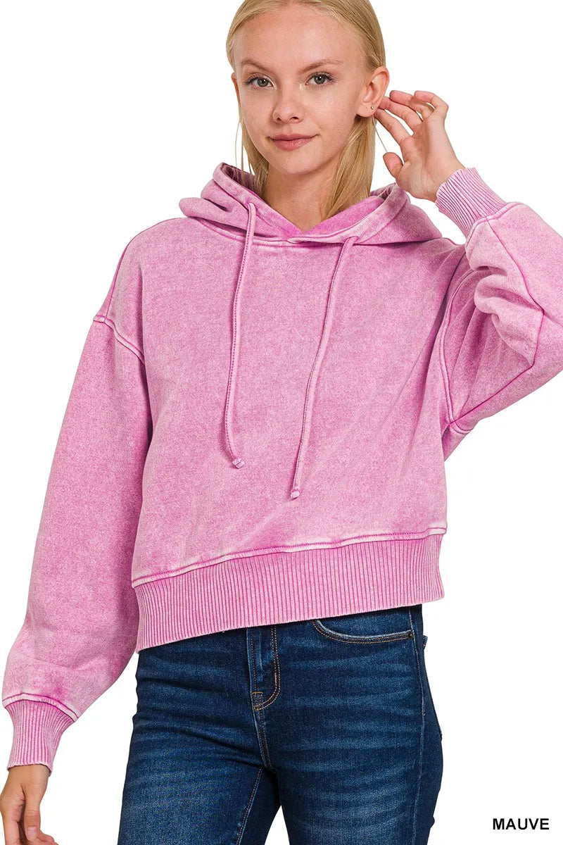 Zenana Acid Wash Fleece Drawstring Cropped Hoodie West2East Surf