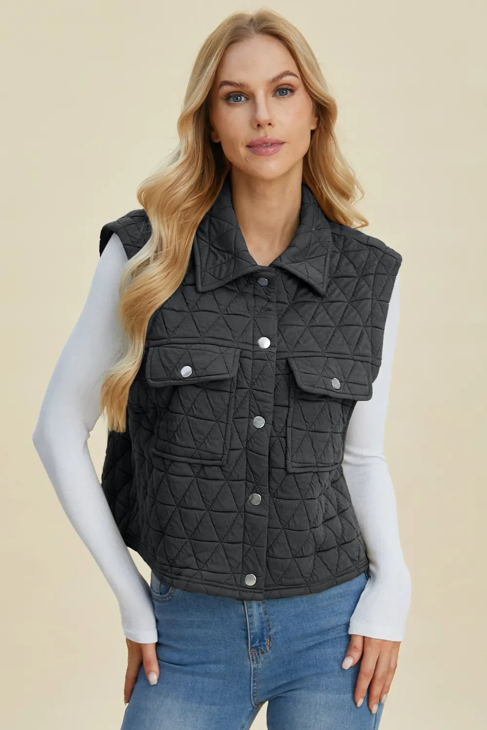 Double Take Full Size Pocketed Texture Snap Down Vest Coat New Era Fashion LLc