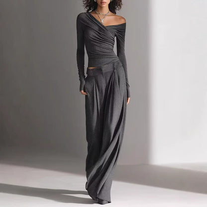 Women's Long-Sleeve Pullover Top & Loose Pants Set – Casual 2-Piece Outfit FitiqueFit