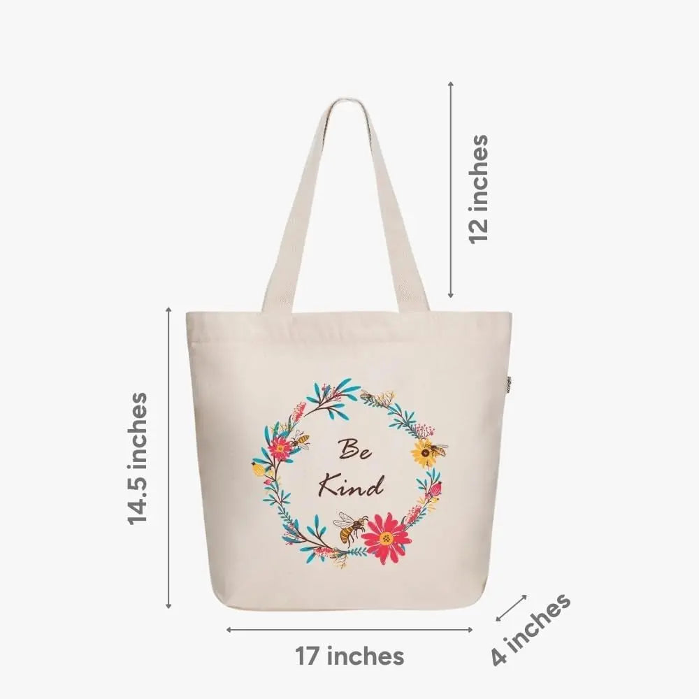 Ecoright Large Be Kind Canvas Tote Bag - Stylish Zipper Tote for Women Perfect for Yoga, Work, and Beach Outings