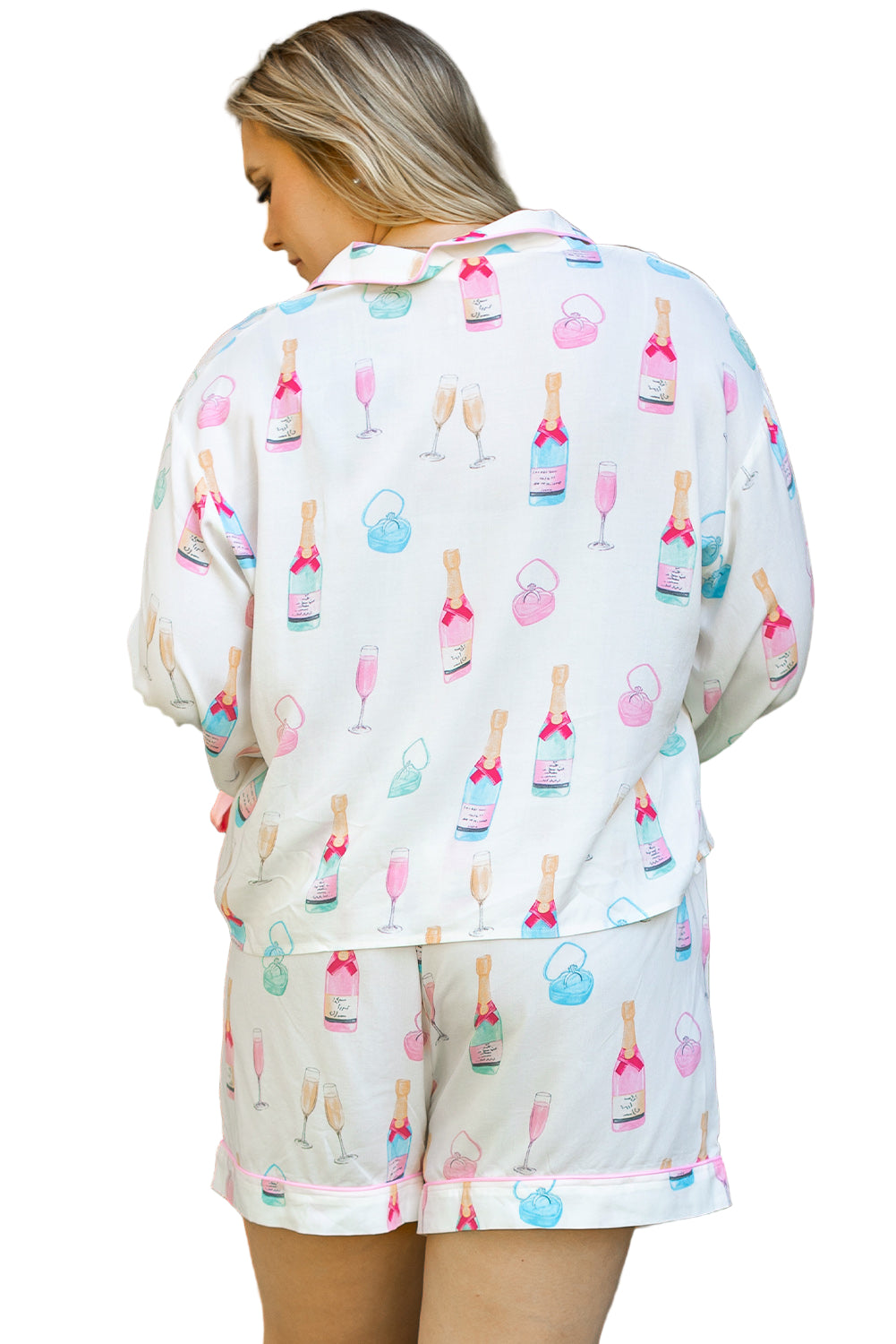 White Plus Size Wine Glass Print Bow Knot Pajama Set Garden Naked Curves
