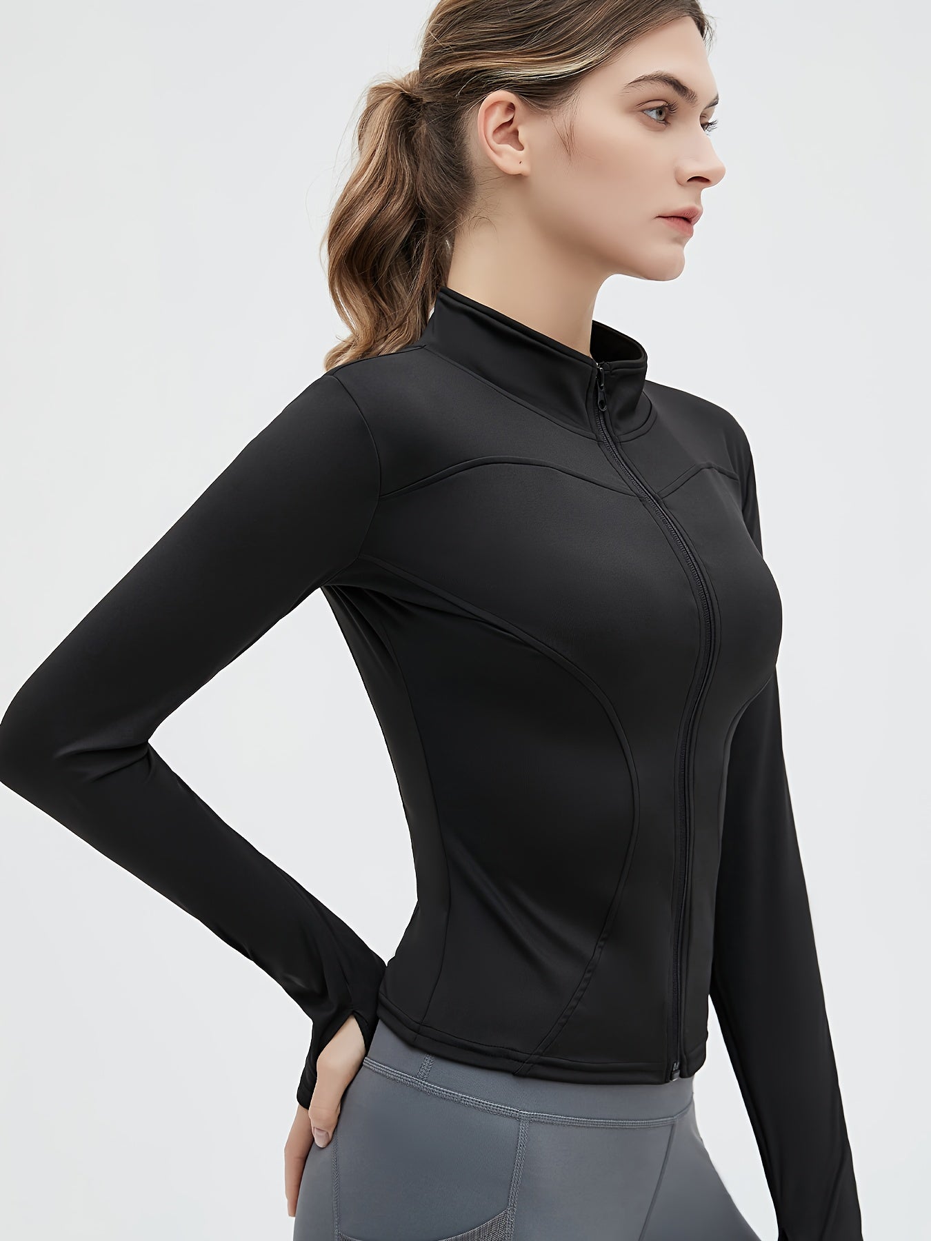 [Activewear Zipper Jacket] Women's Activewear Full Zipper Jacket - Solid Color Turtle Neck Long Sleeve With Thumb Hole For Fitness & Sports NovaCart